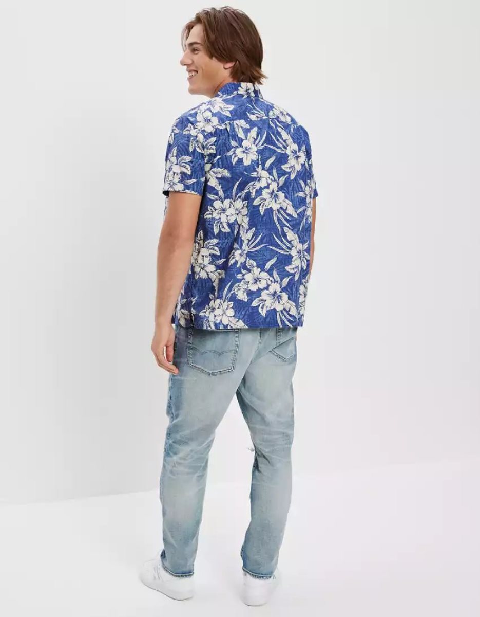 Hauts Flanelle American Eagle AE Tropical Button-Up Resort Shirt Bleu Homme | DOJ-02974093